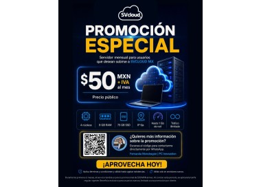 SUSCRIPCIÓN MENSUAL PROMO: 8GB RAM/4vCPU/75GB SSD SERVIDOR VIRTUAL IP MX